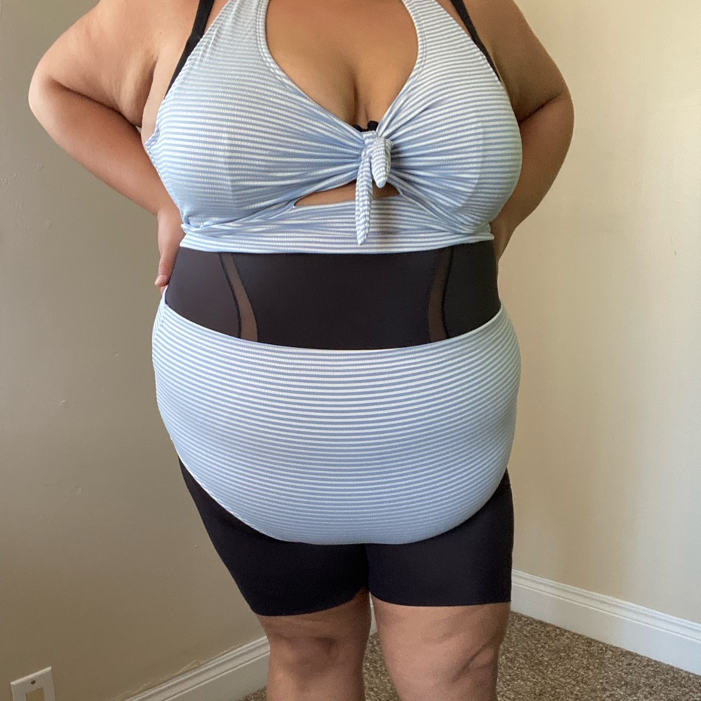 Blue and white striped bikini